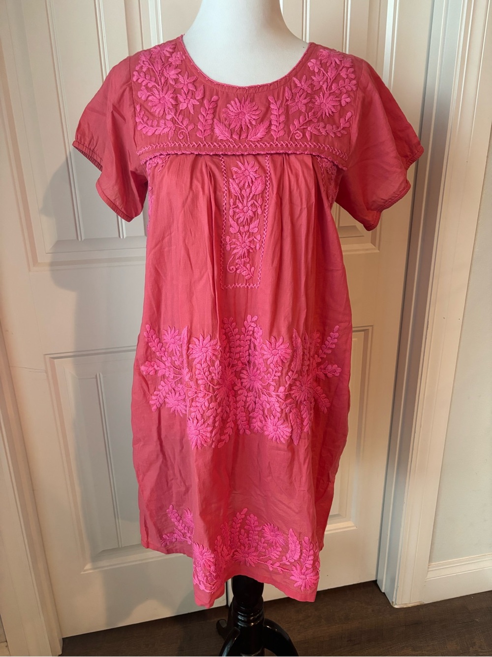 Embroidered Pink Cotton Shift Dress